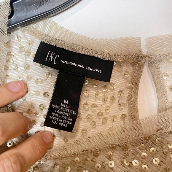 INC International Concepts Womens Sequins Mesh Blouse Gold M Short Sleeve - Picture 2 of 6